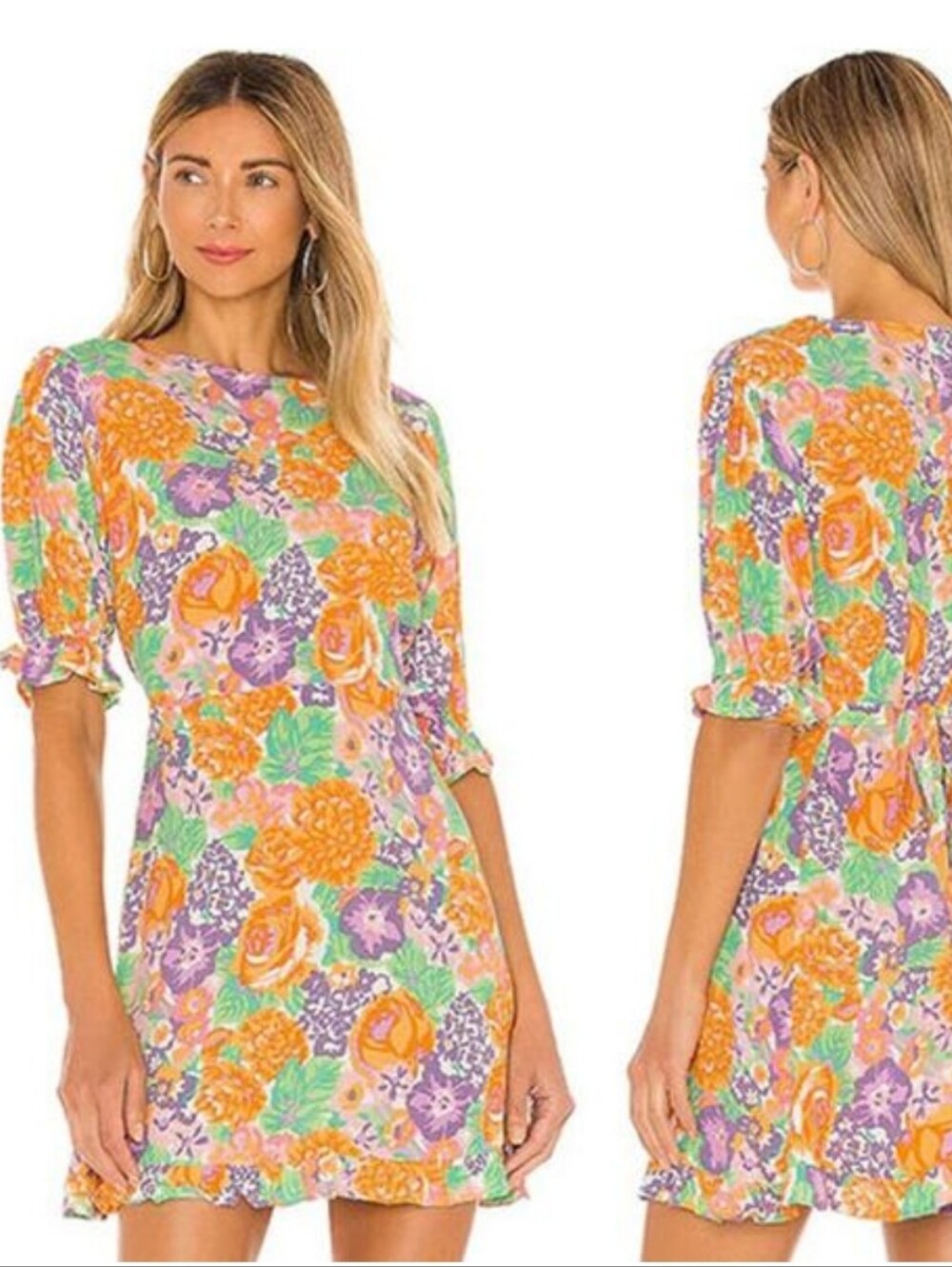 FAITHFULL THE BRAND Florence Mini Dress Ade Floral Puff Sleeve Back Zipper Sz 6